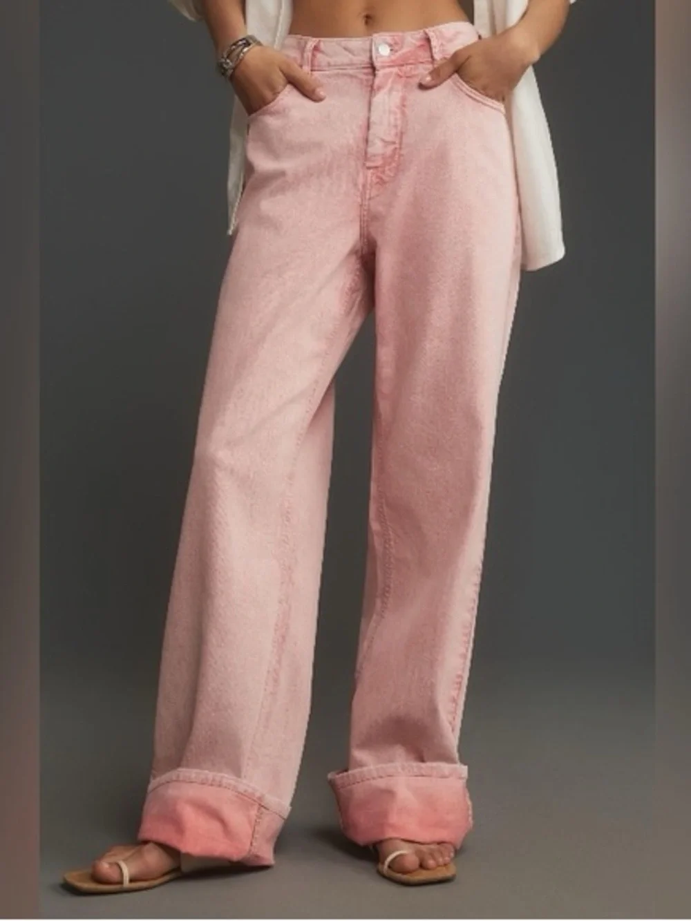 Pilcro Pink Cuffed Oversized High-Rise Wide-Leg Jeans, size 26 - Picture 2 of 13